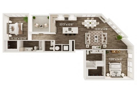 Floor plan for 2 beds, 2.5 baths, 1416 sqft